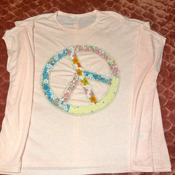 Easel Peach Floral Peace Sign Oversized Tee - Picture 3 of 4